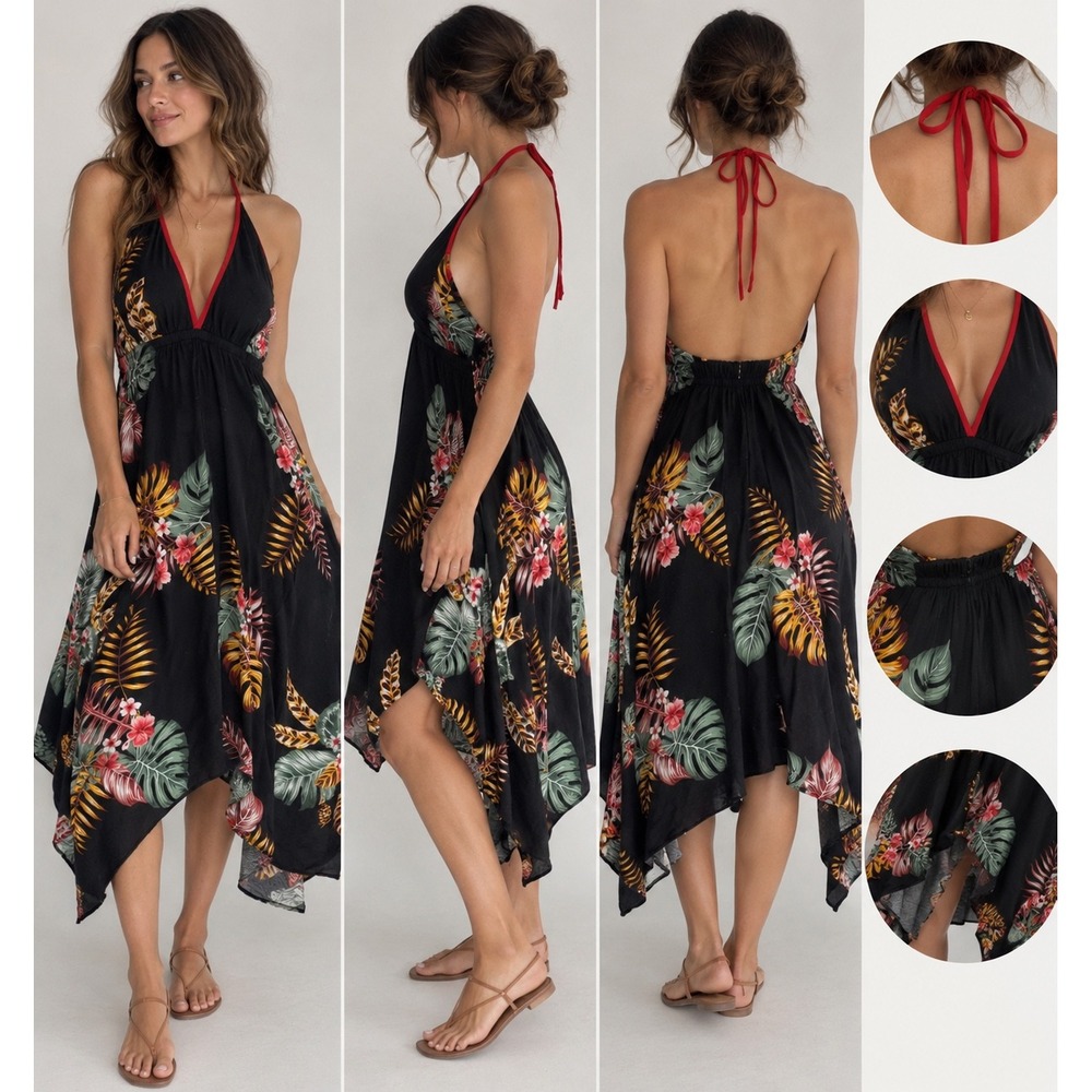 Baldizon Tropical Floral Halter Dress Black Red Hibiscus Palm Print Mini Dress